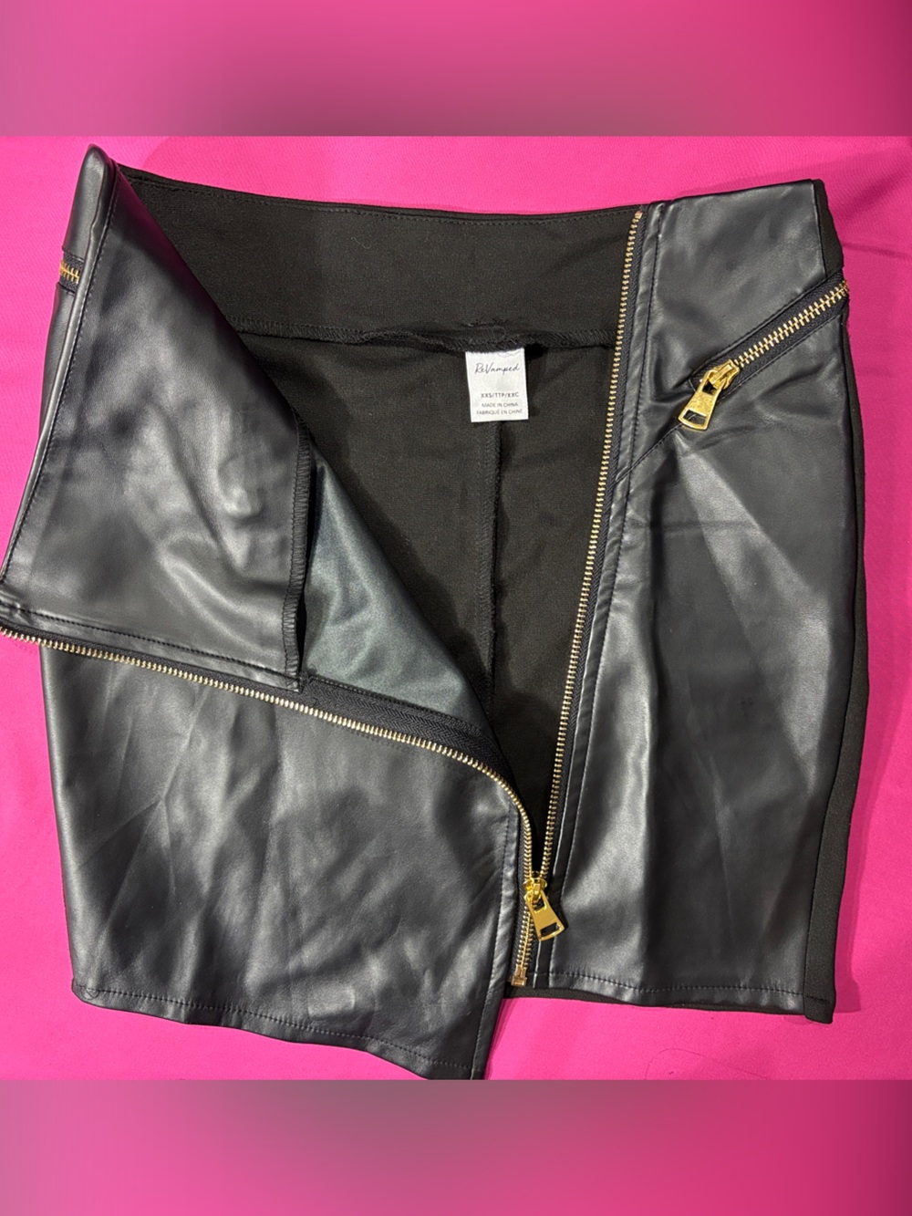 REVAMPED PLU leather skirt, full-front zipper, faux pockets